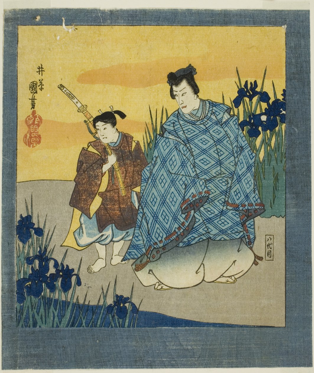 Ichikawa Danjuro VIII. színész mint Narihira a Yatsuhashiban a "Híres képek hatszoros képernyője (Meiga rokushi byobu)" című filmből. alkotó: Utagawa Kuniyoshi