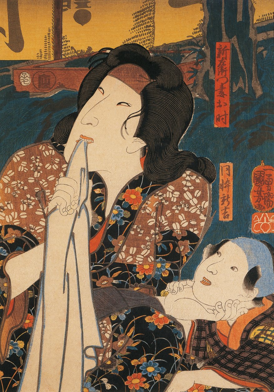 Színész elgondolkodó pózban gyermek mellett, Utagawa Kuniyoshi, fametszet alkotó: Utagawa Kuniyoshi