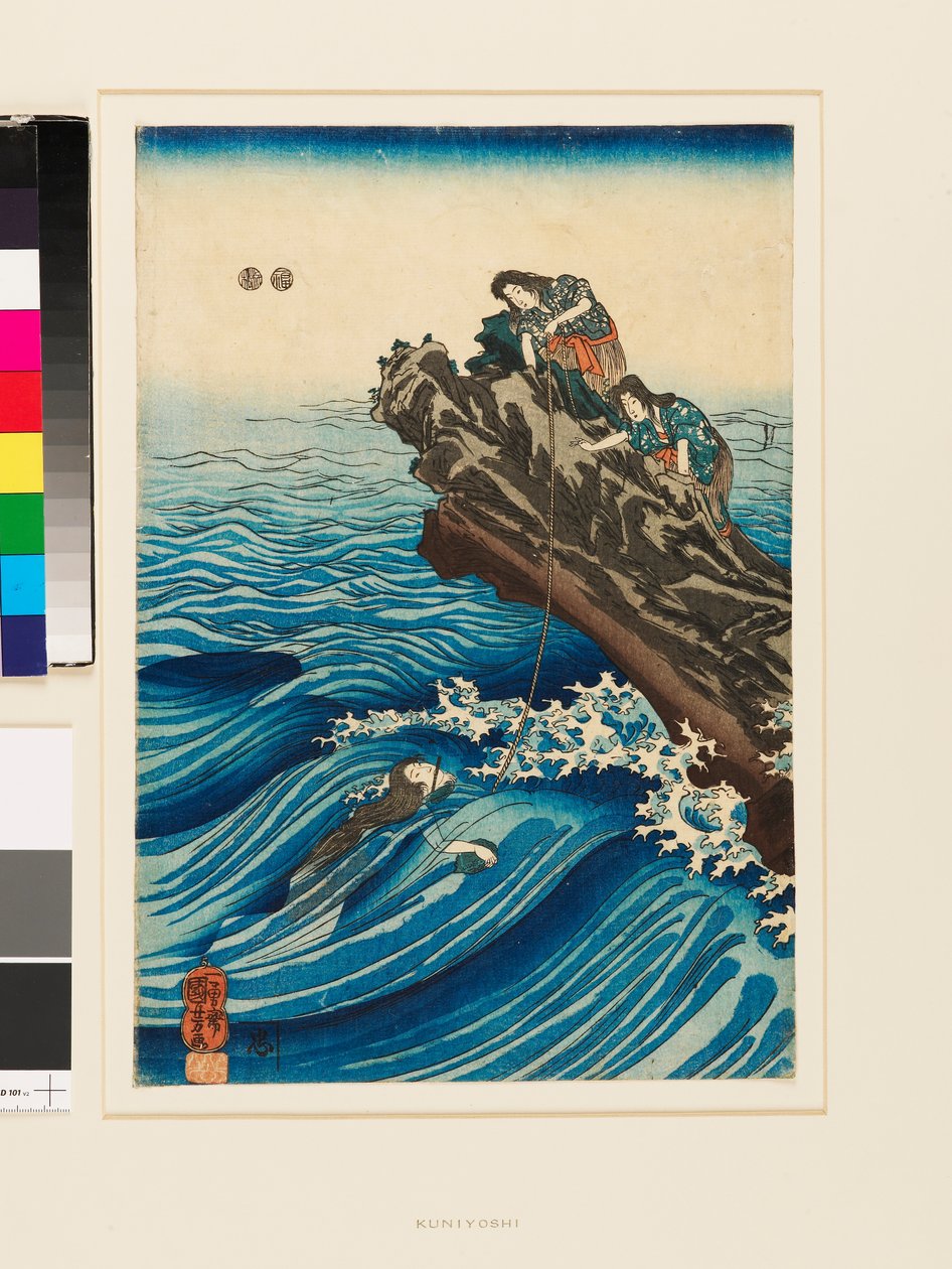 Ama úszik egy sziklához, amelyen két másik ama van alkotó: Utagawa Kuniyoshi