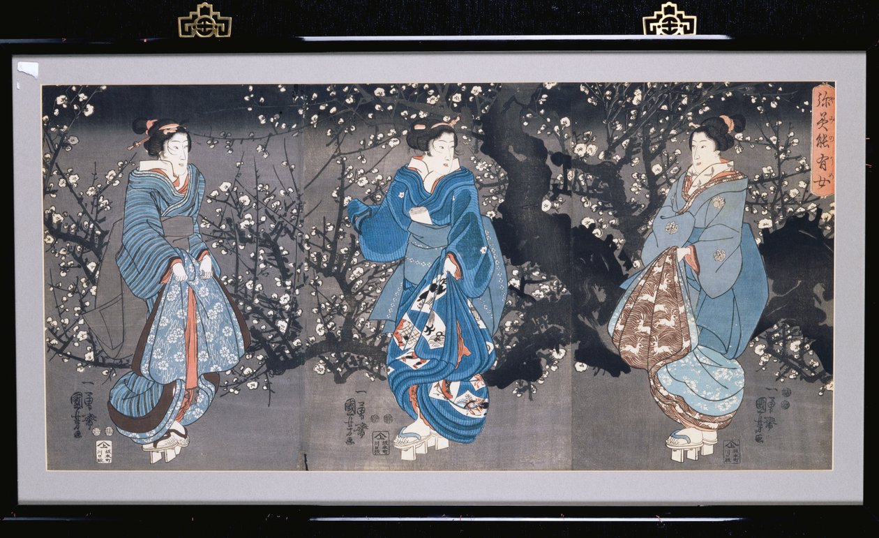 Egy oban triptichon, amely egy éjszakai jelenetet ábrázol három bidzsinnel alkotó: Utagawa Kuniyoshi