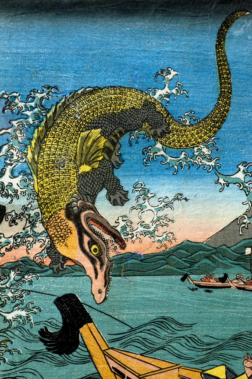 Asahina Yoshihide harca két krokodillal a tengerben Kamakura Kotsubo mellett alkotó: Utagawa Kuniyoshi