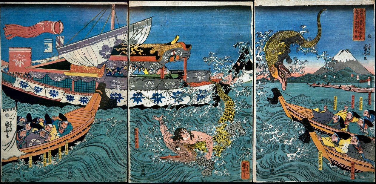 Asahina Yoshihide harca két krokodillal a tengerben Kamakura Kotsubo mellett alkotó: Utagawa Kuniyoshi