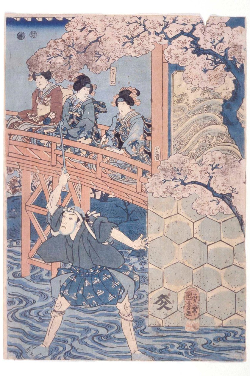 Bandō Hikosaburō IV Ashikaga Yoshimasa szerepében és Ichikawa Kodanji IV Asakura Tōgo szerepében a Higashiyama sakura sōshi kabuki darabból alkotó: Utagawa Kuniyoshi