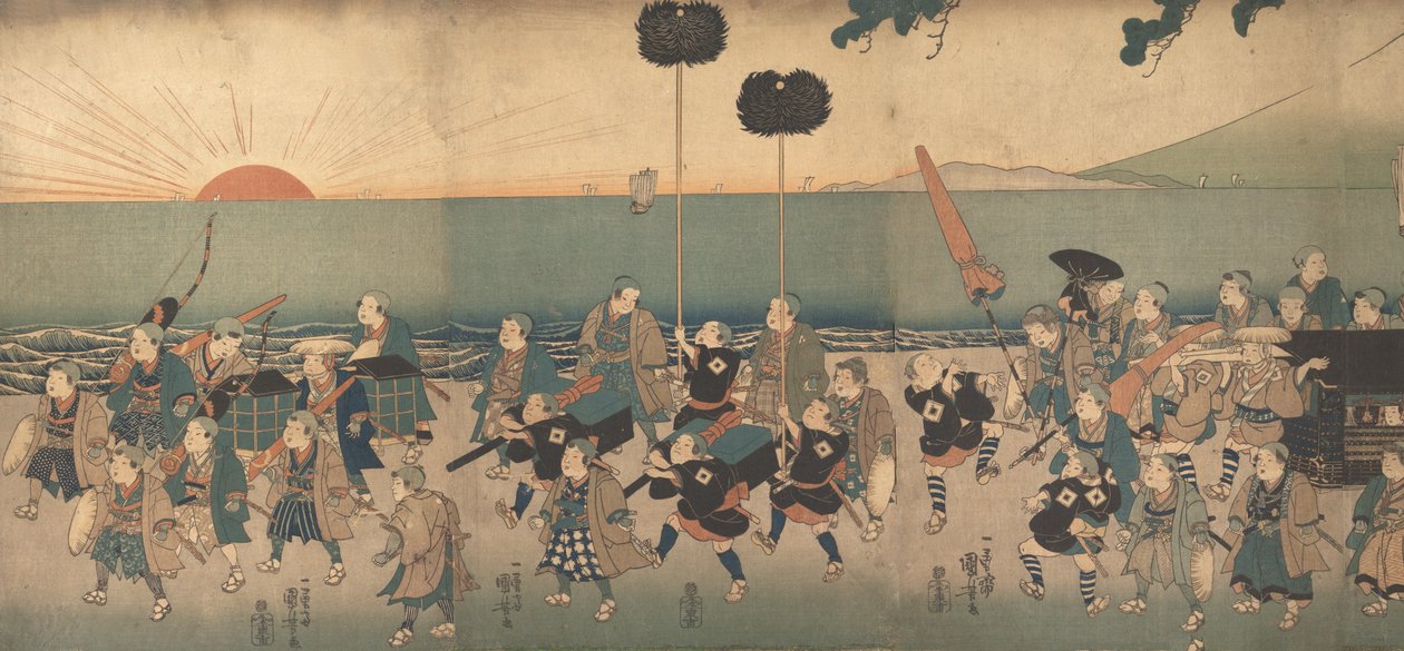 Fiúk játszanak egy Daimyo menetben, 19. század. alkotó: Utagawa Kuniyoshi