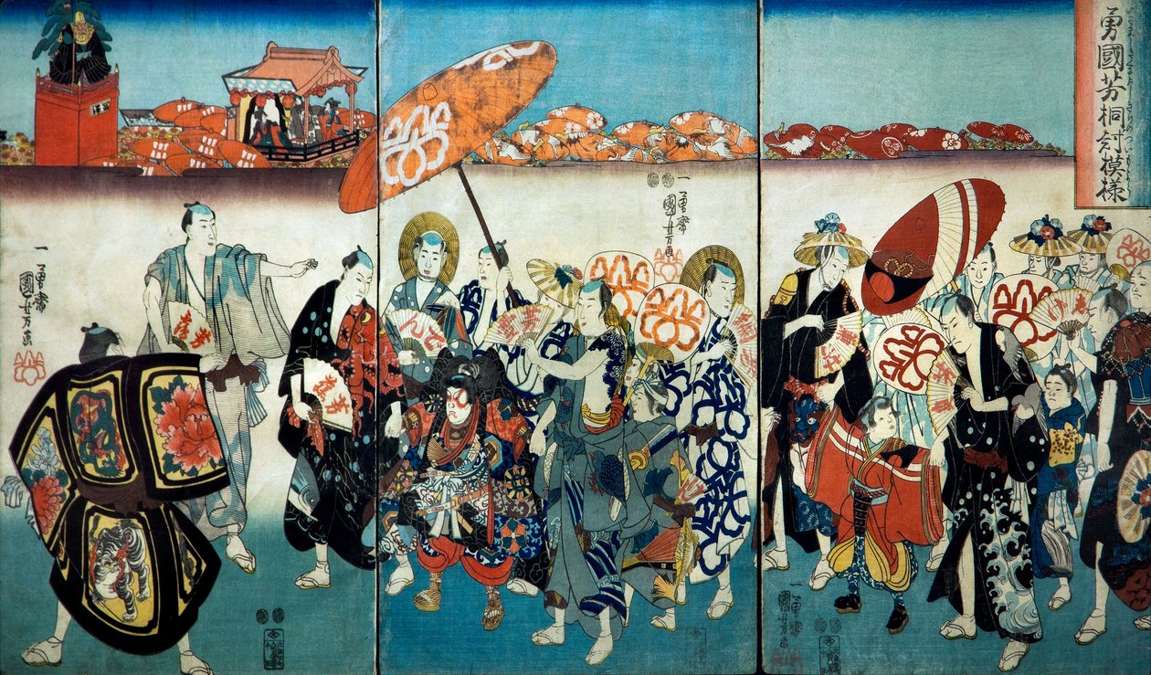 Bátor Kuniyoshi Paulownia tervével (Isamashiki Kuniyoshi kiri no tsuimoyō) 1848 alkotó: Utagawa Kuniyoshi