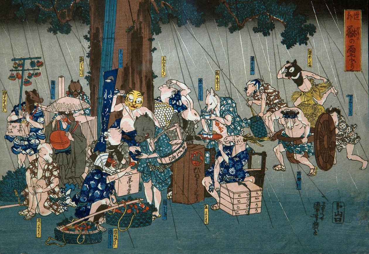Comic Animals Taking Shelter from Rain (Dōke kemono no amayadori), c.1842 alkotó: Utagawa Kuniyoshi