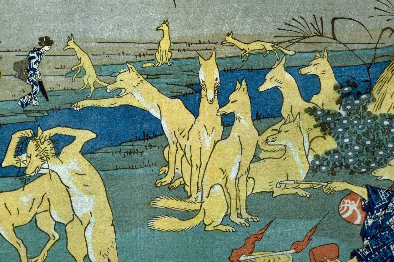 Alakváltoztatást gyakorló képregény rókák (Dōke kitsume henge no keiko), 1842 körül alkotó: Utagawa Kuniyoshi