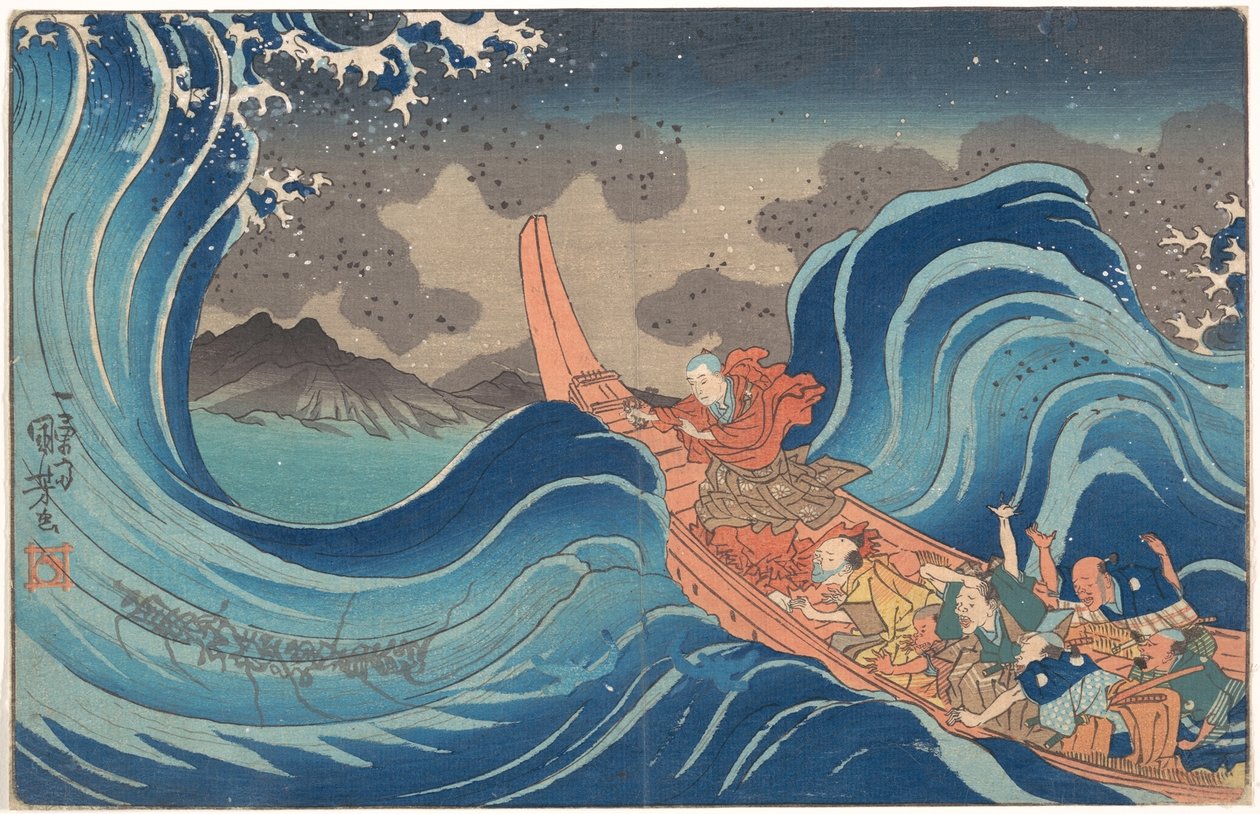 Nichiren szerzetes rövid, illusztrált életrajza: A viharos tenger megnyugtatása Tsunodában, a Sado-szigetre való száműzetés idején alkotó: Utagawa Kuniyoshi