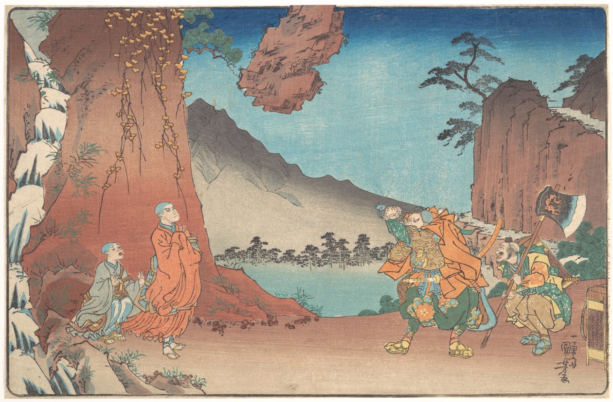 Nichiren szerzetes rövid, illusztrált életrajza: A Komuro-hegyen az imádság erejével a levegőben lebegő szikla alkotó: Utagawa Kuniyoshi