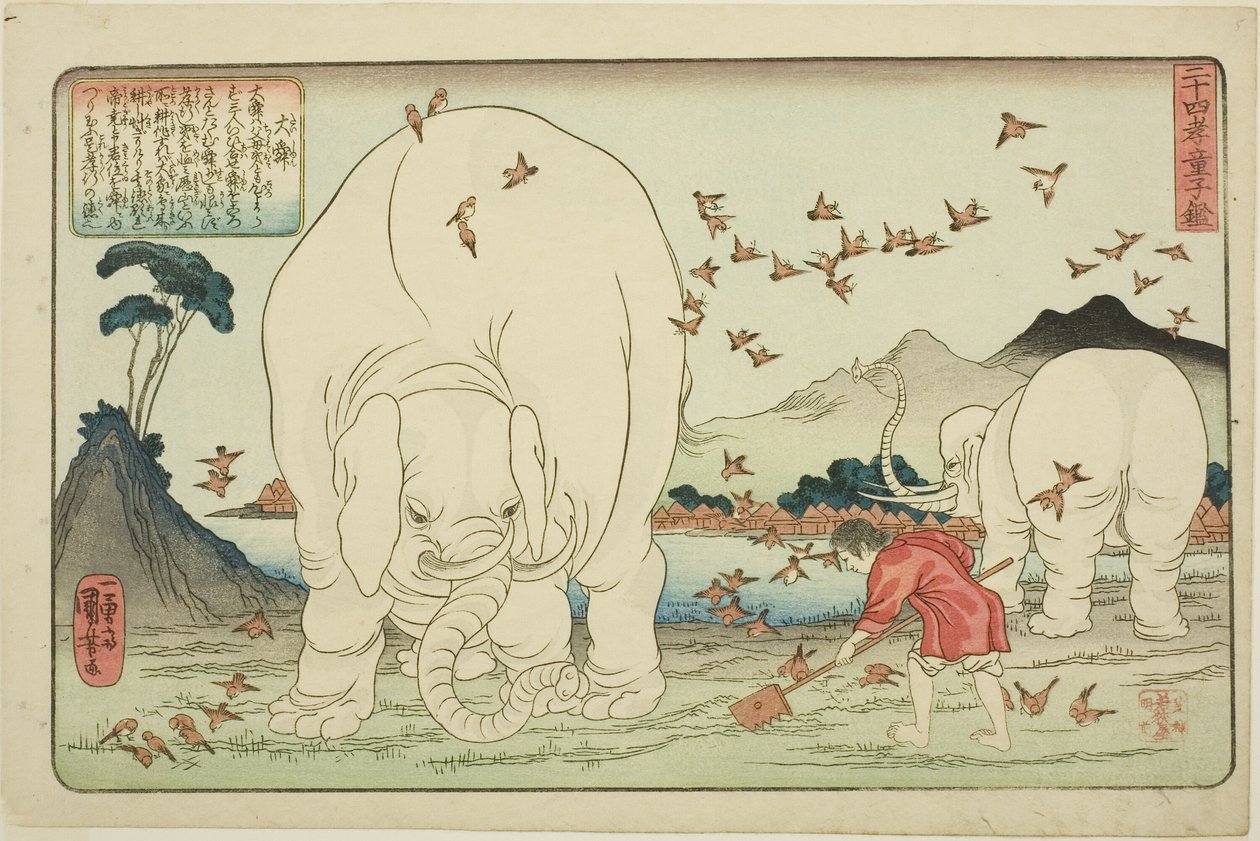 Dashun (Taishun), a "A gyermeki jámborság huszonnégy példaképe, mint tükör gyerekeknek (Nijushiko doji kagami)" sorozatból alkotó: Utagawa Kuniyoshi