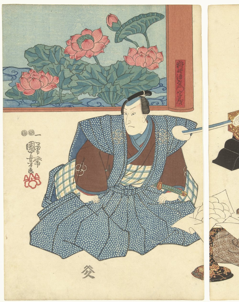 Három színész egy összecsukható képernyőnél alkotó: Utagawa Kuniyoshi