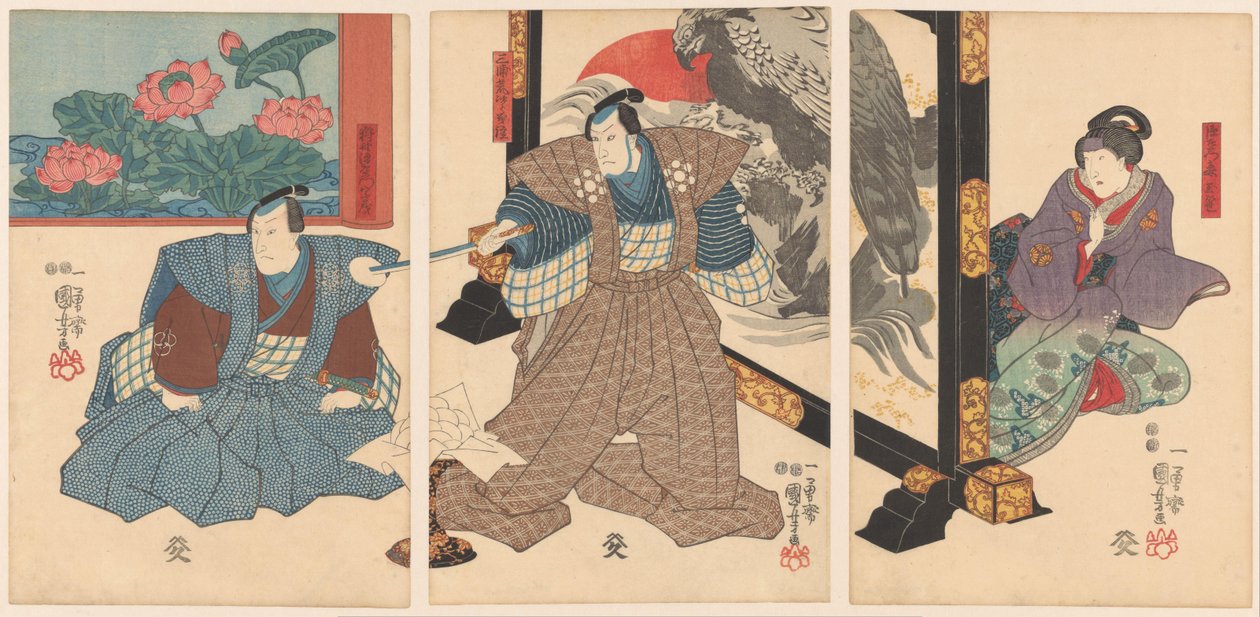 Három színész egy összecsukható képernyőnél alkotó: Utagawa Kuniyoshi