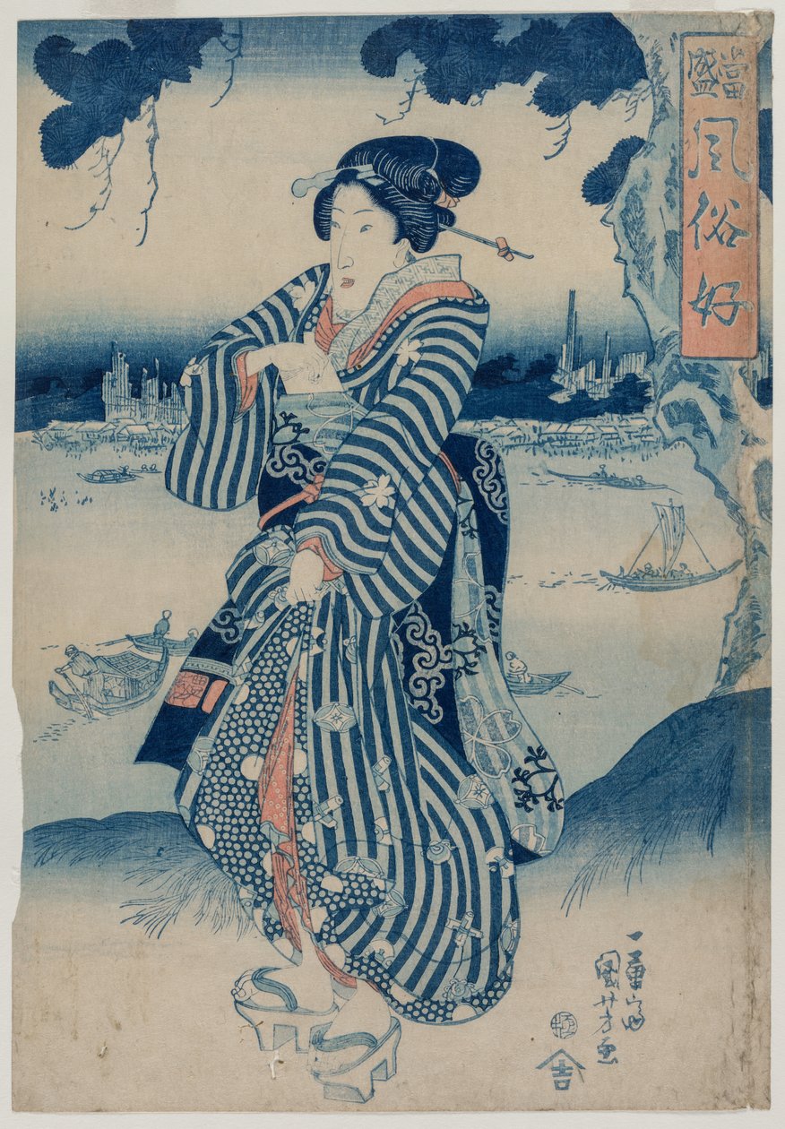 Gésa állva a Sumida folyó partján (az Emberek, akik szeretik a legújabb divatot és modort című sorozatból) alkotó: Utagawa Kuniyoshi