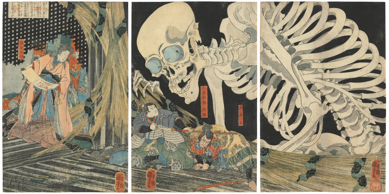 Mitsukuni szembeszáll a Takiyasha hercegnő által megidézett csontváz kísértettel alkotó: Utagawa Kuniyoshi
