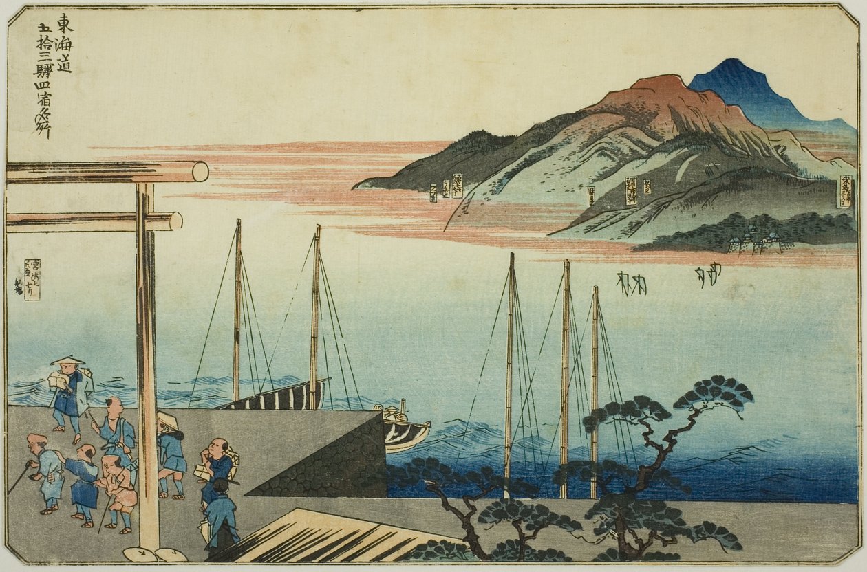 Miya, Kuwana, Yokkaichi és Ishiyakushi, a "Híres helyek a Tokaido ötvenhárom állomásán, négy állomás (Tokaido gojusan eki yonshuku meisho)" sorozatból. alkotó: Utagawa Kuniyoshi