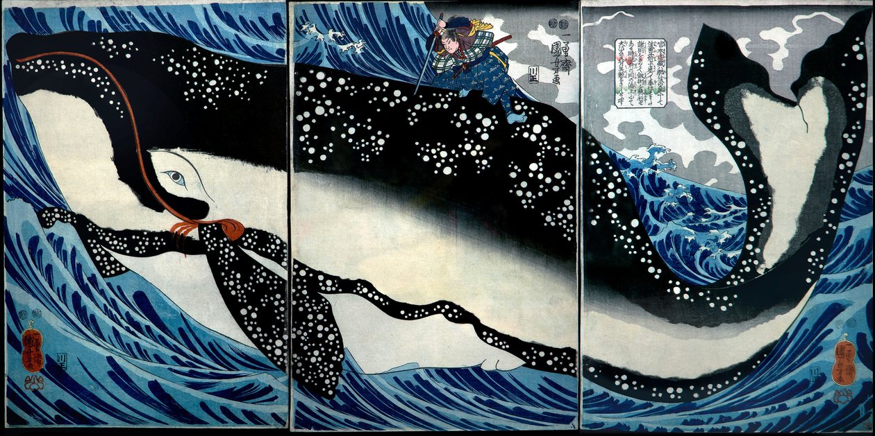 Miyamoto Musashi megöl egy hatalmas bálnát, 1847 körül alkotó: Utagawa Kuniyoshi
