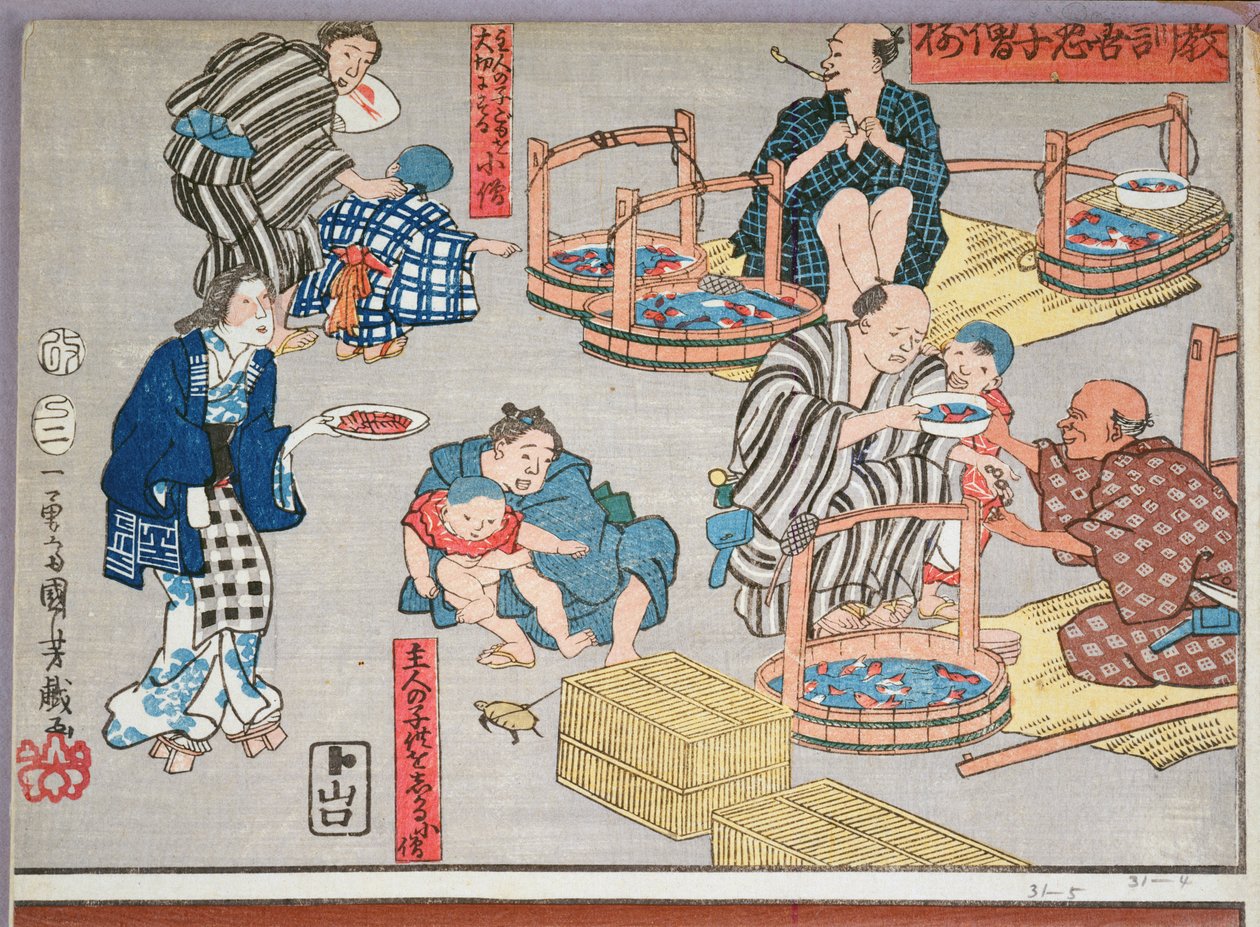 Erkölcsi tanítás boltosoknak, jó és rossz viselkedési példák adása, 1857 (színes fatömbnyomat) alkotó: Utagawa Kuniyoshi