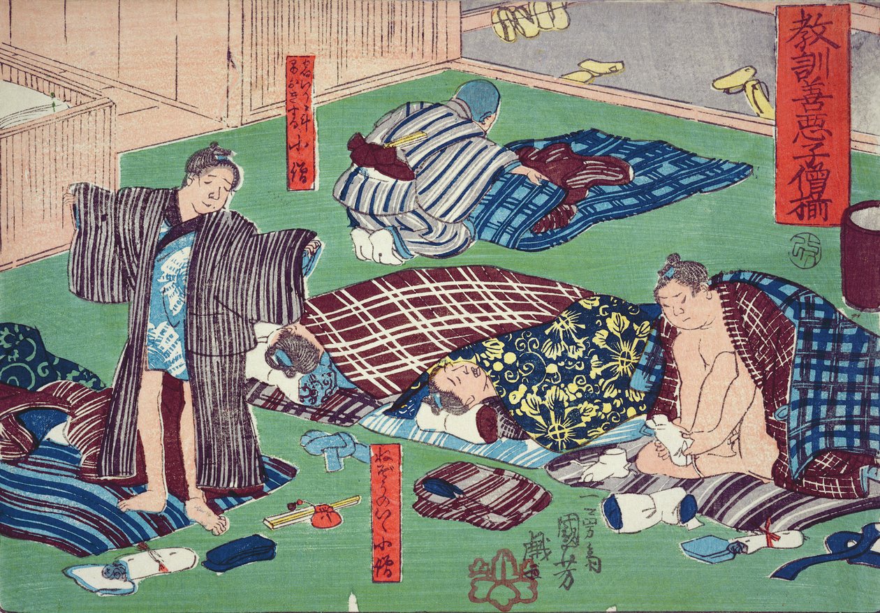 Erkölcsi tanítás boltosoknak, jó és rossz viselkedési példák adása, 1857 (színes fatömbnyomat) alkotó: Utagawa Kuniyoshi