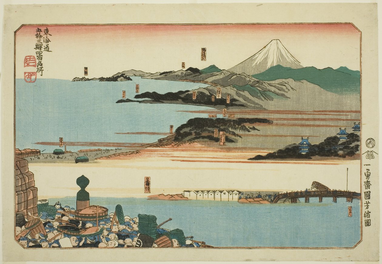 Nihonbashi, Shinagawa, Kawasaki és Kanagawa, a "Híres helyek a Tokaido ötvenhárom állomásán, négy állomás (Tokaido gojusan eki yonshuku meisho)" sorozatból. alkotó: Utagawa Kuniyoshi