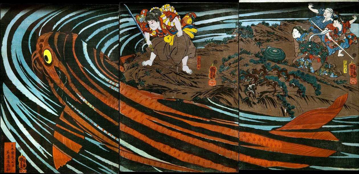 Oniwaka-maru megtámadja a szörnyeteg pontyot alkotó: Utagawa Kuniyoshi