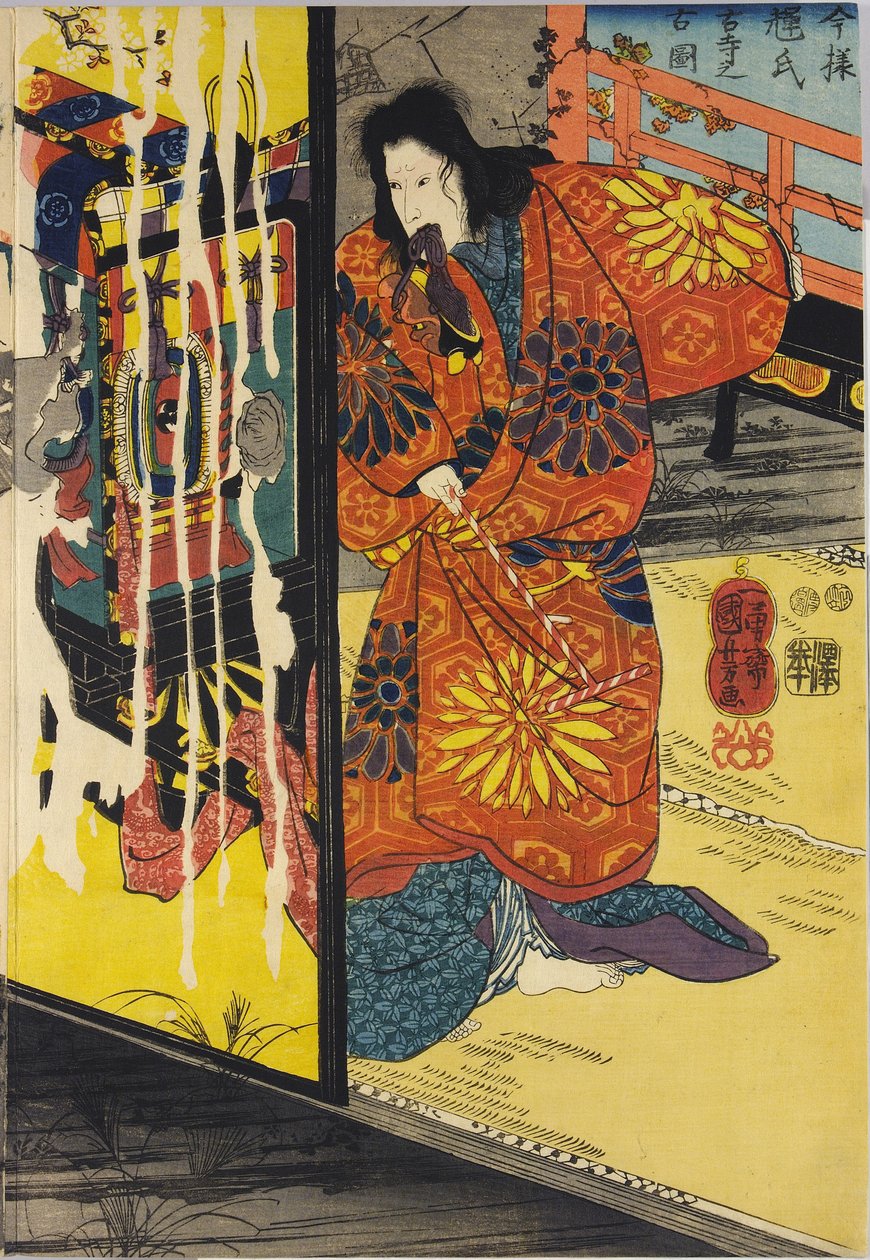 Az Imayo Teruuji furudera no kozu című színes fatömbös triptichonnyomat része alkotó: Utagawa Kuniyoshi