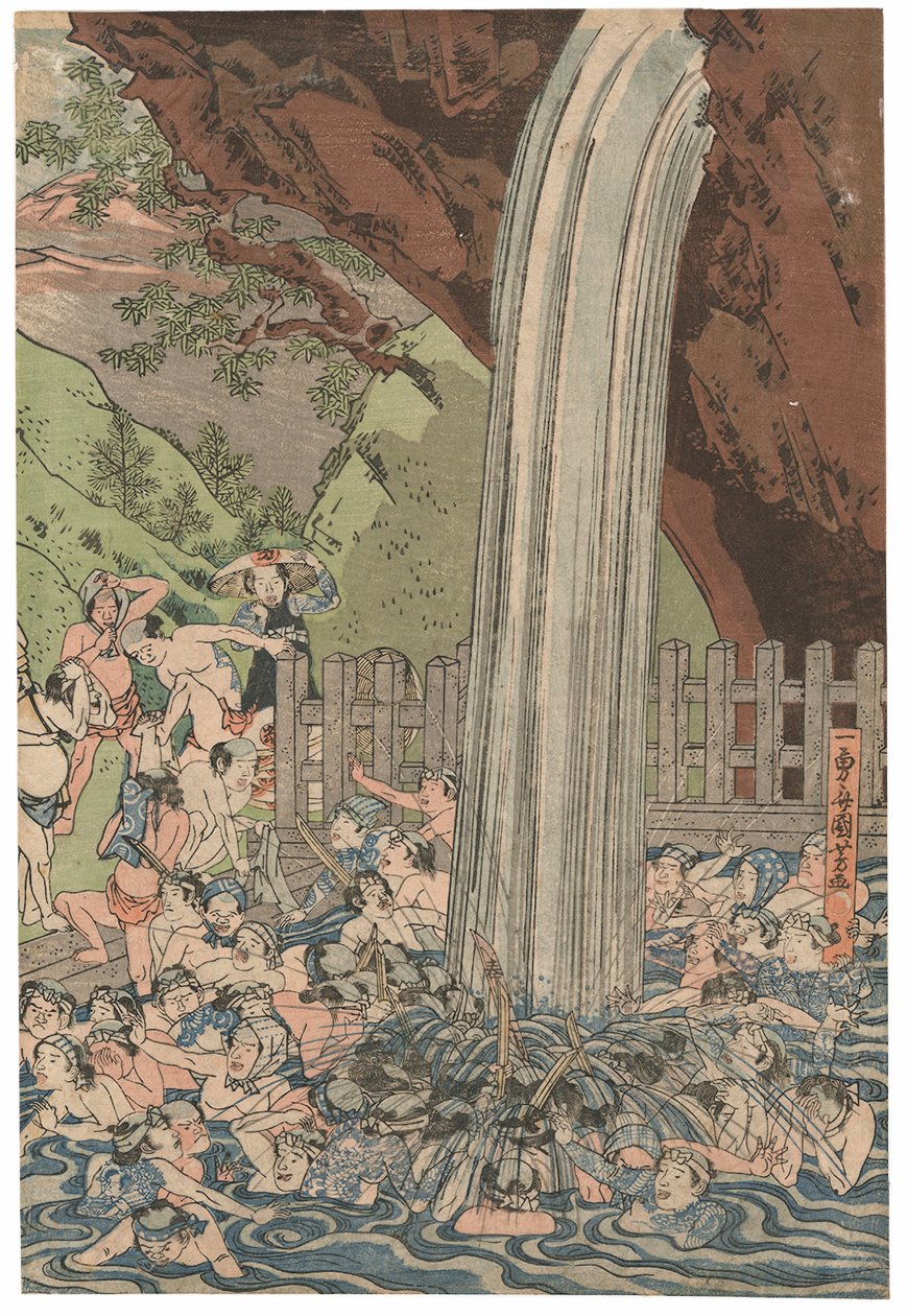 Zarándokok az Oyama-i Roben-vízesésnél, Ichiyusai Kuniyoshi aláírása, kiadó: Azumaya Daisuke, kiwame pecsét, Oban tate-e triptichon (színes fatömbnyomat) alkotó: Utagawa Kuniyoshi
