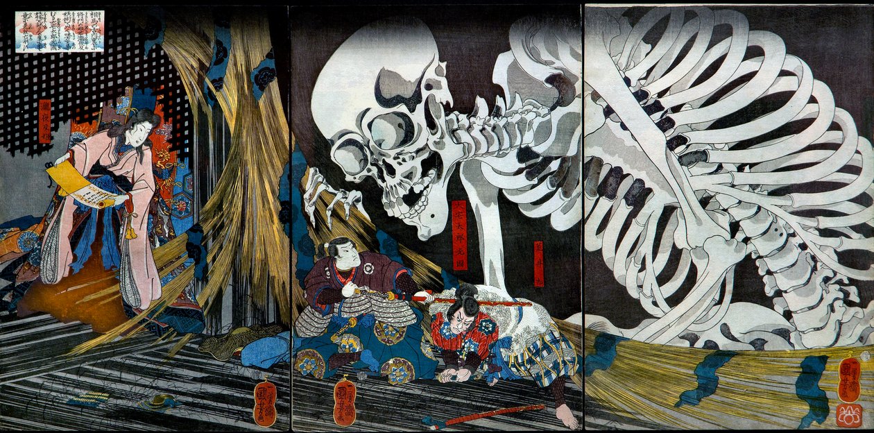 Takiyasha hercegnő egy szörnyű csontváz kísértetet hív elő a szomai régi palotában, 1845-46 alkotó: Utagawa Kuniyoshi