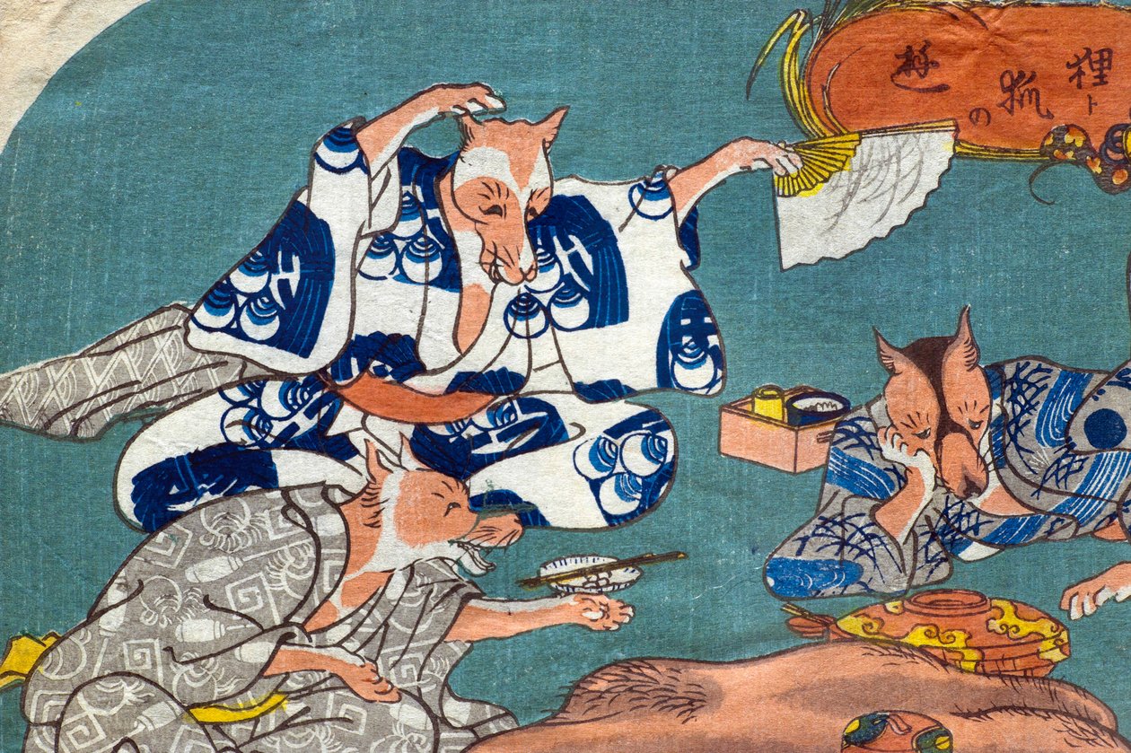 Mosómedve és róka játékban (Tanuki – kitsune no asobi), 1842 körül alkotó: Utagawa Kuniyoshi
