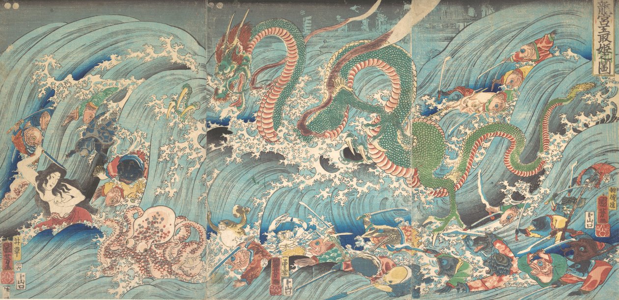 Az ellopott ékszer visszaszerzése a Sárkánykirály palotájából, 1853. alkotó: Utagawa Kuniyoshi