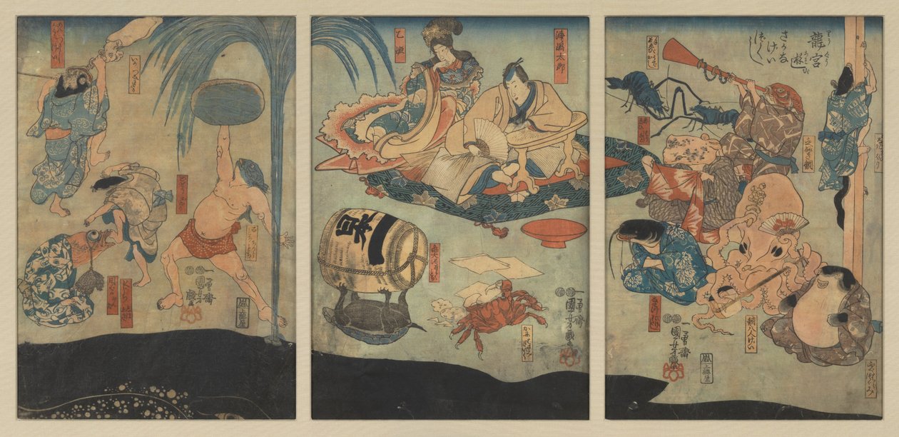 Tengeri lények szórakoztatják Urashima Tarót és Oto Himét a Sárkánypalotában alkotó: Utagawa Kuniyoshi