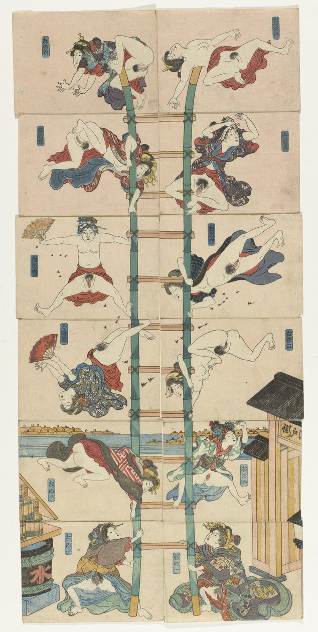 Tizenkét koban Shunga sorozat prostituáltakkal akrobatikus tűzoltók szerepében alkotó: Utagawa Kuniyoshi