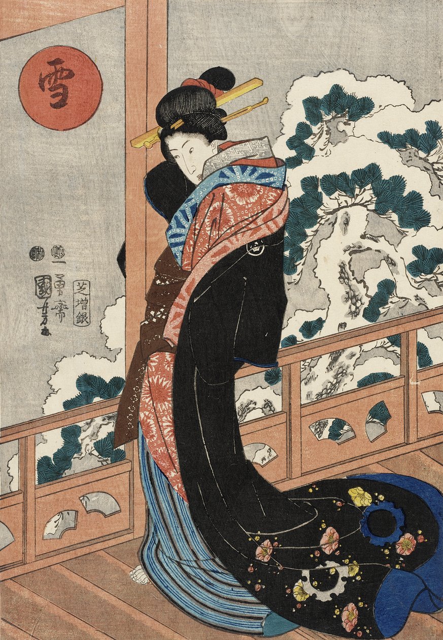 Hó: Szépség a verandán alkotó: Utagawa Kuniyoshi