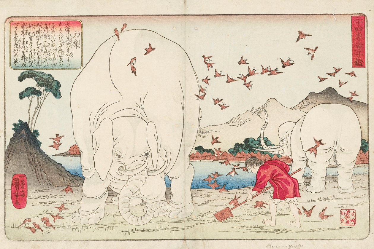 Taishun, aki elefántok és egy verebcsapat segítségével kapál egy mezőt, Ichiyusai Kuniyoshi ga, 1843 körül (színes fatömbnyomat) alkotó: Utagawa Kuniyoshi