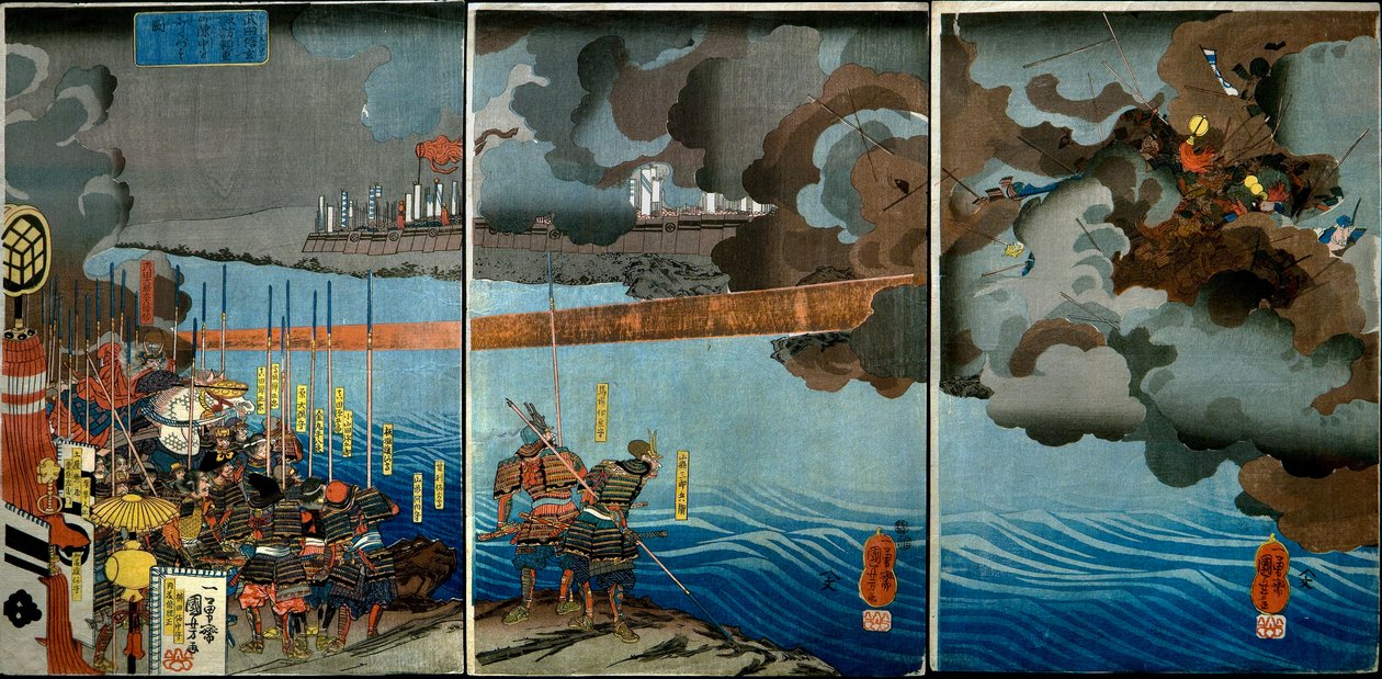 Takeda Shingen összetöri Suwa Yorishige erőit (Takeda Shingen Suwa Yorishige no jinchū o uchi-kuzusu zu), 1850-51 körül alkotó: Utagawa Kuniyoshi