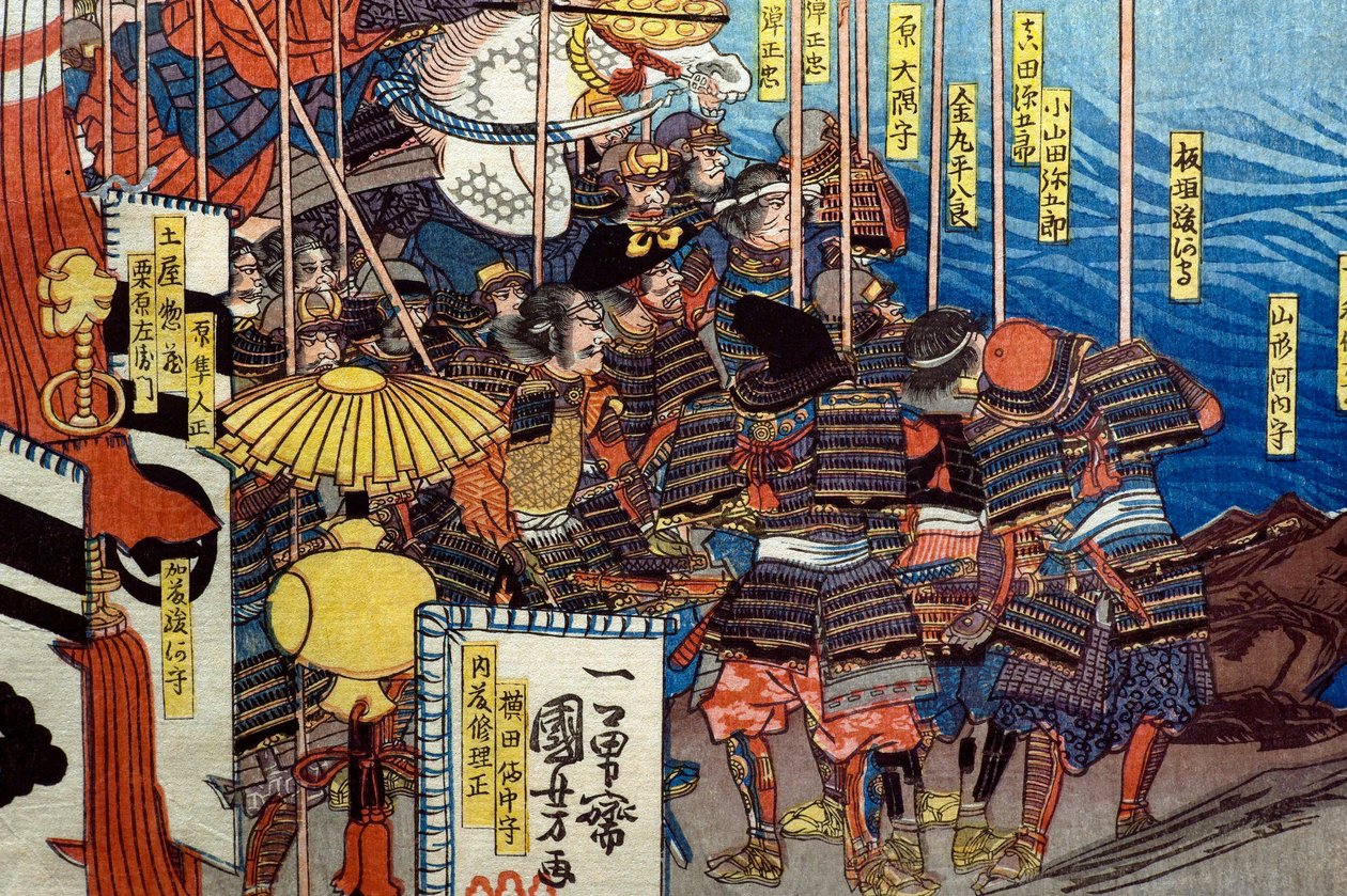 Takeda Shingen összetöri Suwa Yorishige erőit (Takeda Shingen Suwa Yorishige no jinchū o uchi-kuzusu zu), 1850-51 körül alkotó: Utagawa Kuniyoshi