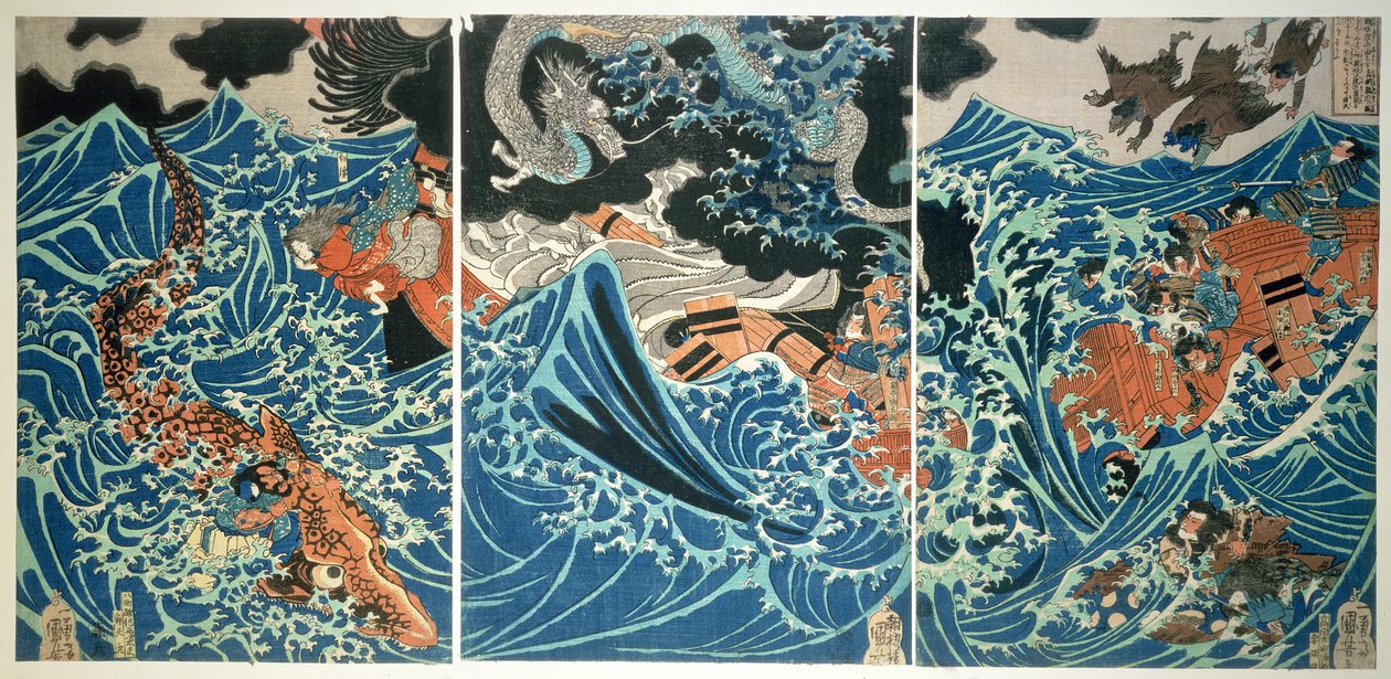 Tametomo hajótörése, kocsma. 1836 körül, (színes fatömbnyomat) alkotó: Utagawa Kuniyoshi