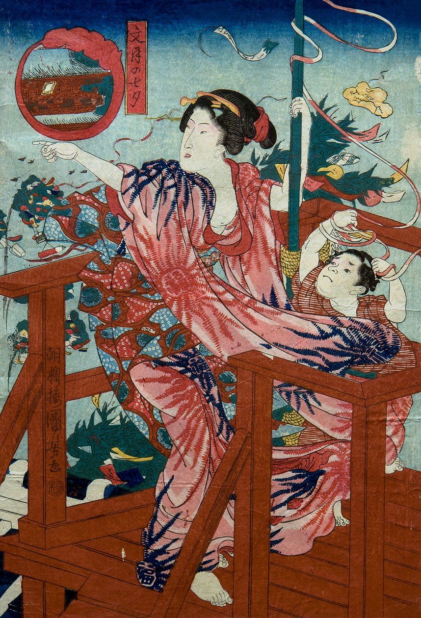 A Hetedik Hónap Sztárfesztiválja (Fumizuki no tanabata) Cím nélküli sorozat gyermekes nőkről a tizenkét hónapban, 1836 körül alkotó: Utagawa Kuniyoshi