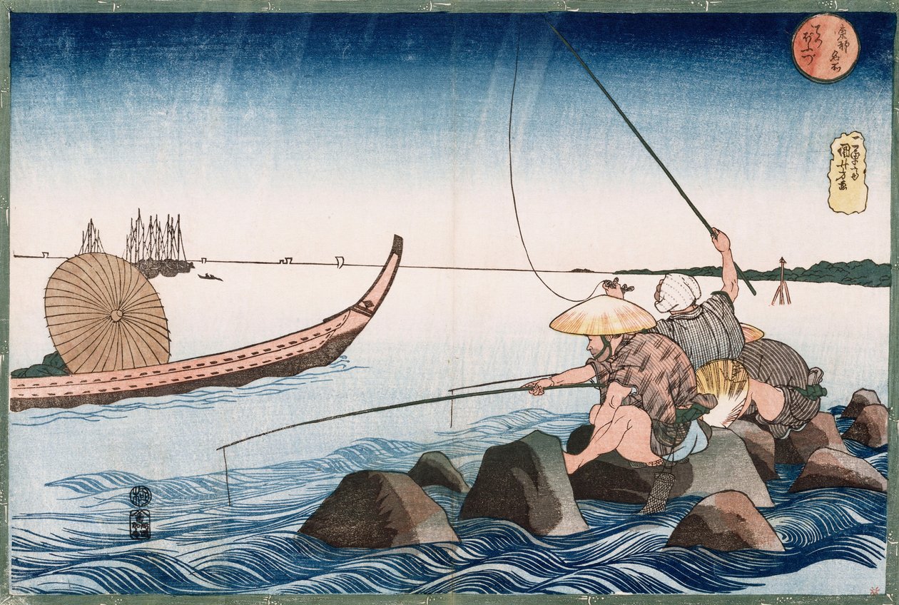 Három horgász horgász Teppozuban, a "Kelet főváros híres helyei" sorozatból alkotó: Utagawa Kuniyoshi