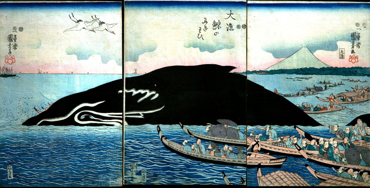 Emberek tömege egy elfogott bálna körül alkotó: Utagawa Kuniyoshi