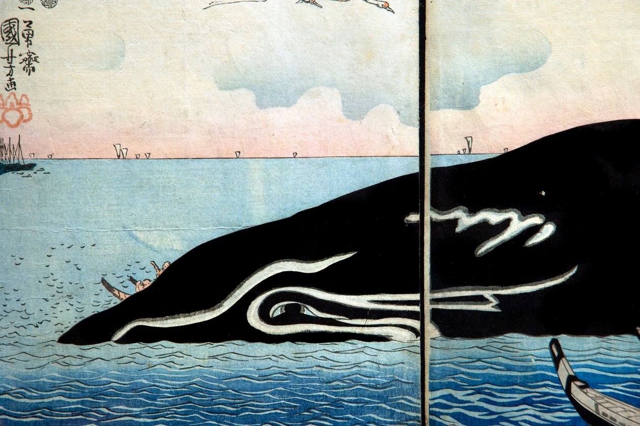 Emberek tömege egy elfogott bálna körül alkotó: Utagawa Kuniyoshi