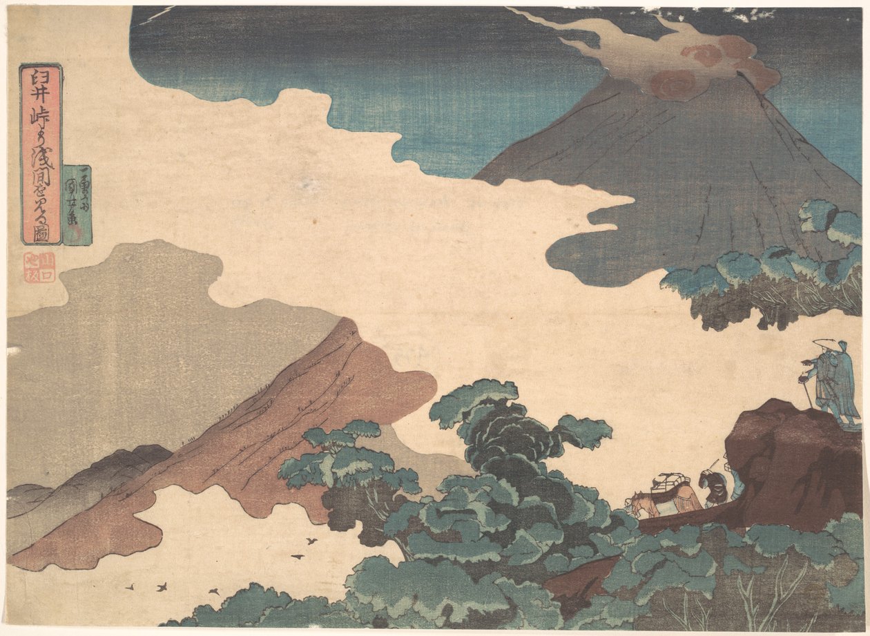 Kilátás az Asama-hegyre az Usui-hágóról alkotó: Utagawa Kuniyoshi