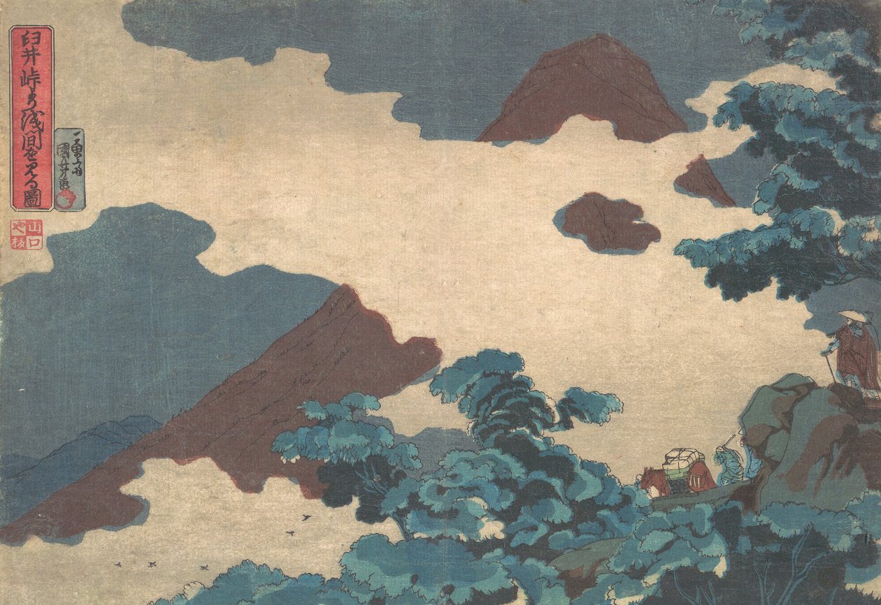 Kilátás az Asama-hegyre az Usui-hágóról, kb. 1850. alkotó: Utagawa Kuniyoshi