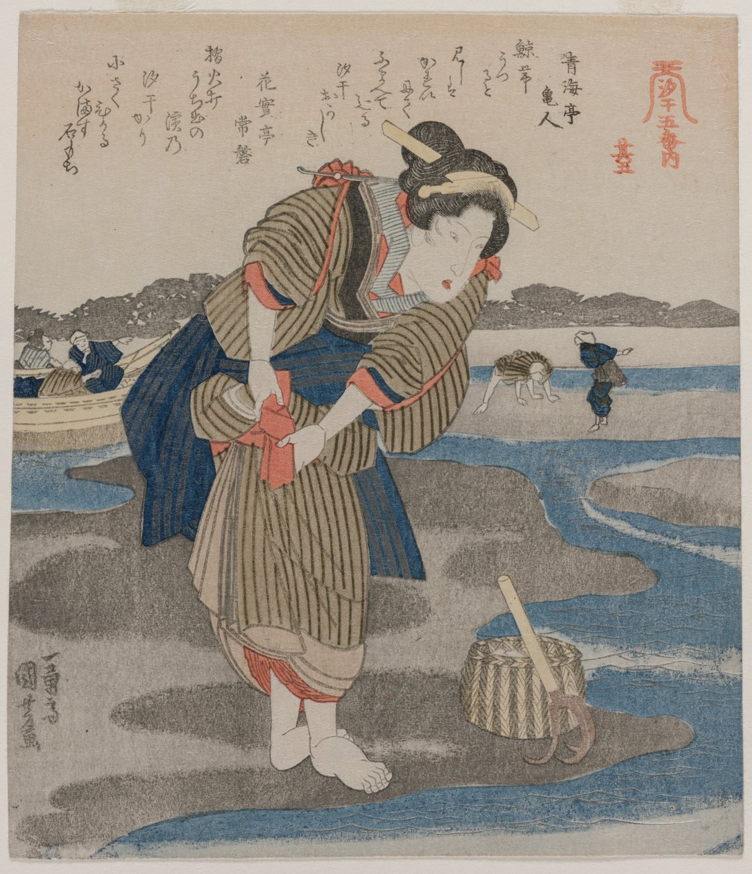 Szoknyáit rögzítő nő, az Öt kép az apályról sorozatból, 1820-as évek vége. alkotó: Utagawa Kuniyoshi
