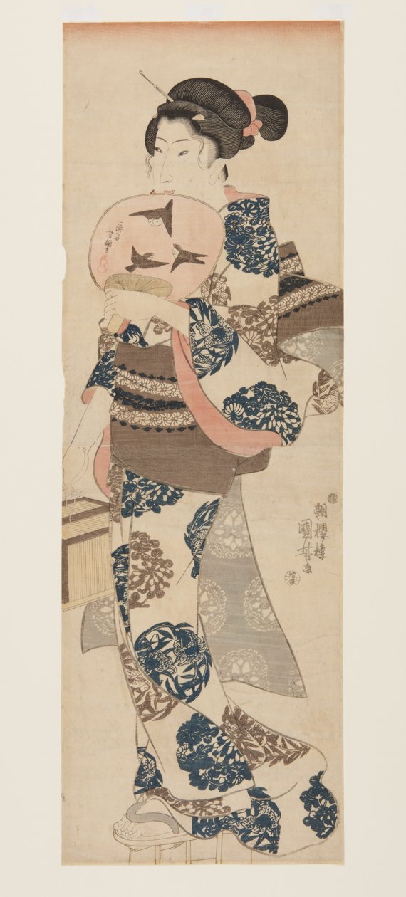Nő legyezővel és rovarketreccel (színes fatömbmintás) alkotó: Utagawa Kuniyoshi