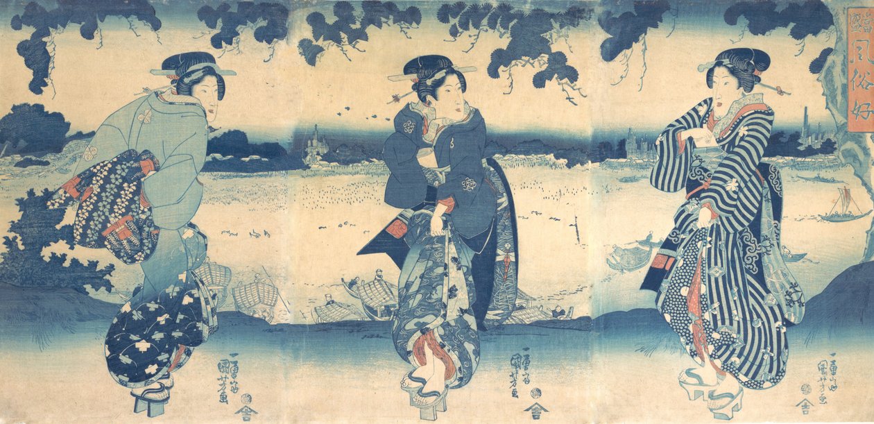 Nők a folyó közelében, kb. 1850. alkotó: Utagawa Kuniyoshi
