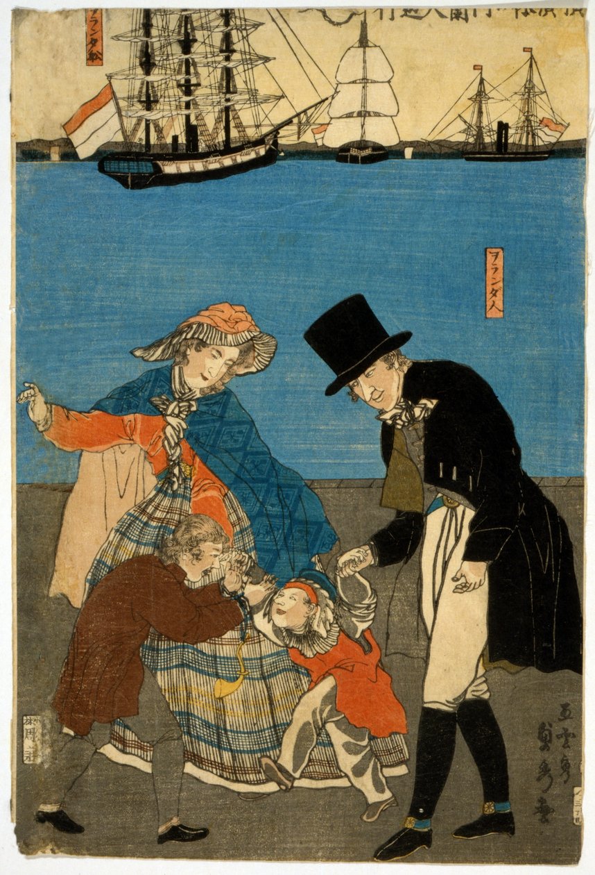 Európaiak sétálnak Yokohamában, kocsmában. 1871 (kézzel színezett fatömb) alkotó: Utagawa Sadahide