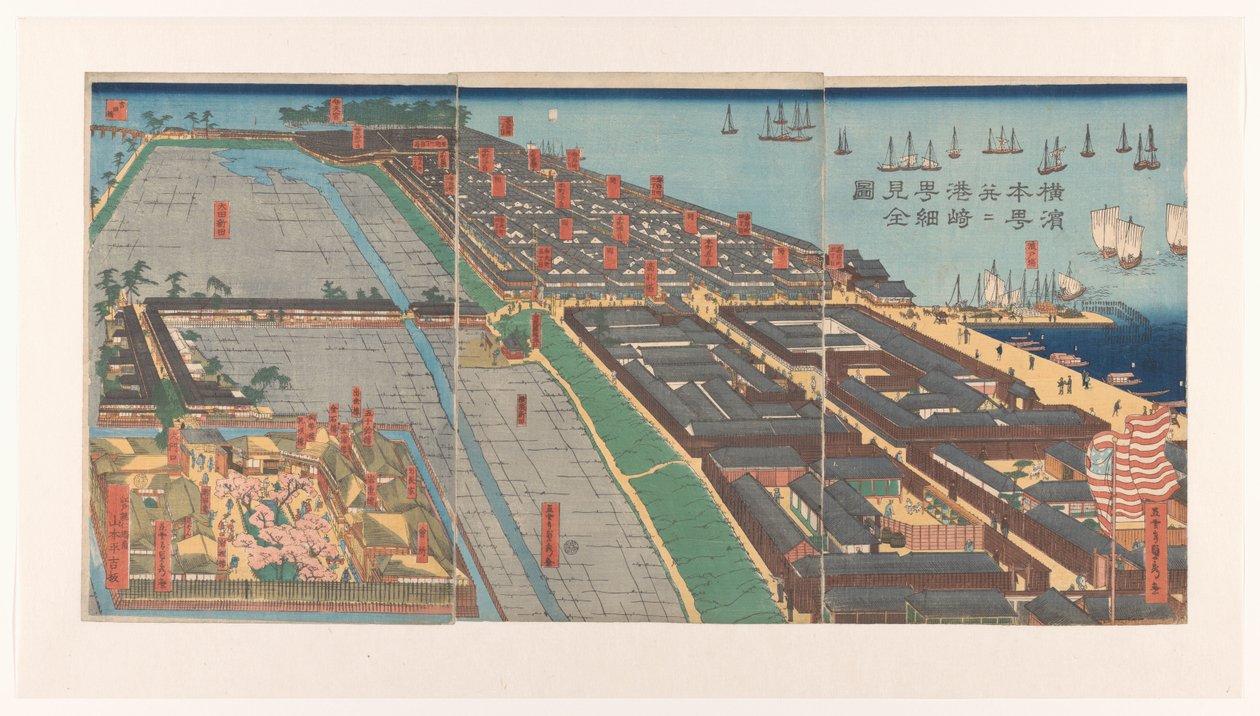 A Honcho kerület és a Miyozaki negyed áttekintése Yokohamában Yokohama Honcho narabi Miyozakicho saiken zenzu (cím a tárgyon) Honcho és Miyozakicho teljes és részletes ábrázolása Yokohamában alkotó: Utagawa Sadahide