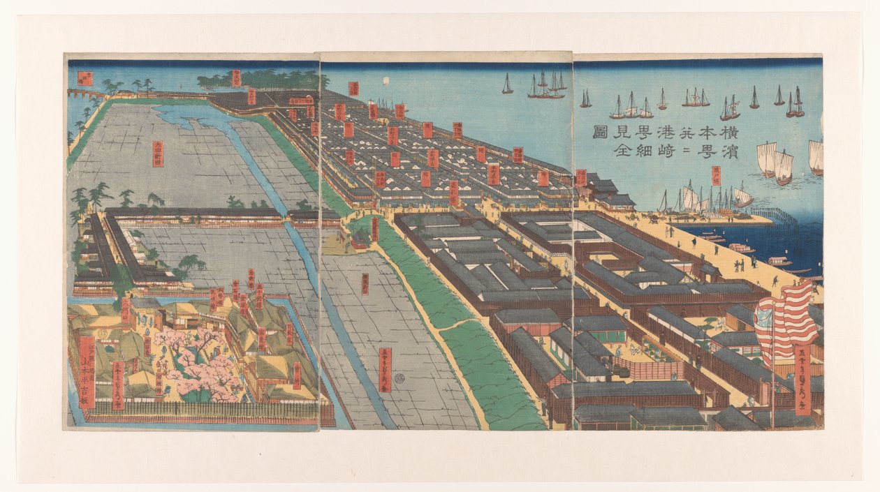 A Honcho kerület és a Miyozaki negyed áttekintése Yokohamában alkotó: Utagawa Sadahide