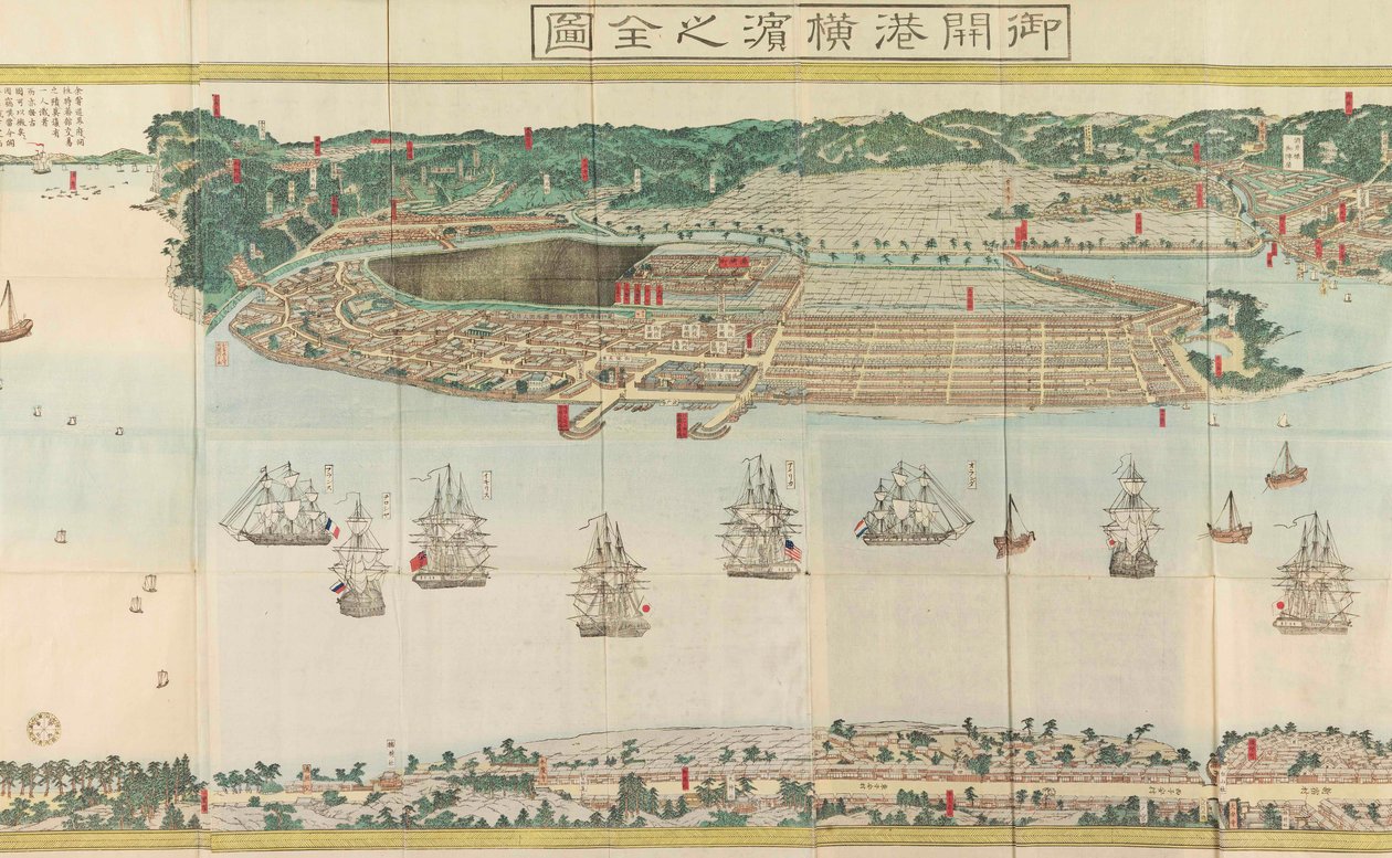 Panorámás kilátás Yokohamára, 1860 körül. alkotó: Utagawa Sadahide