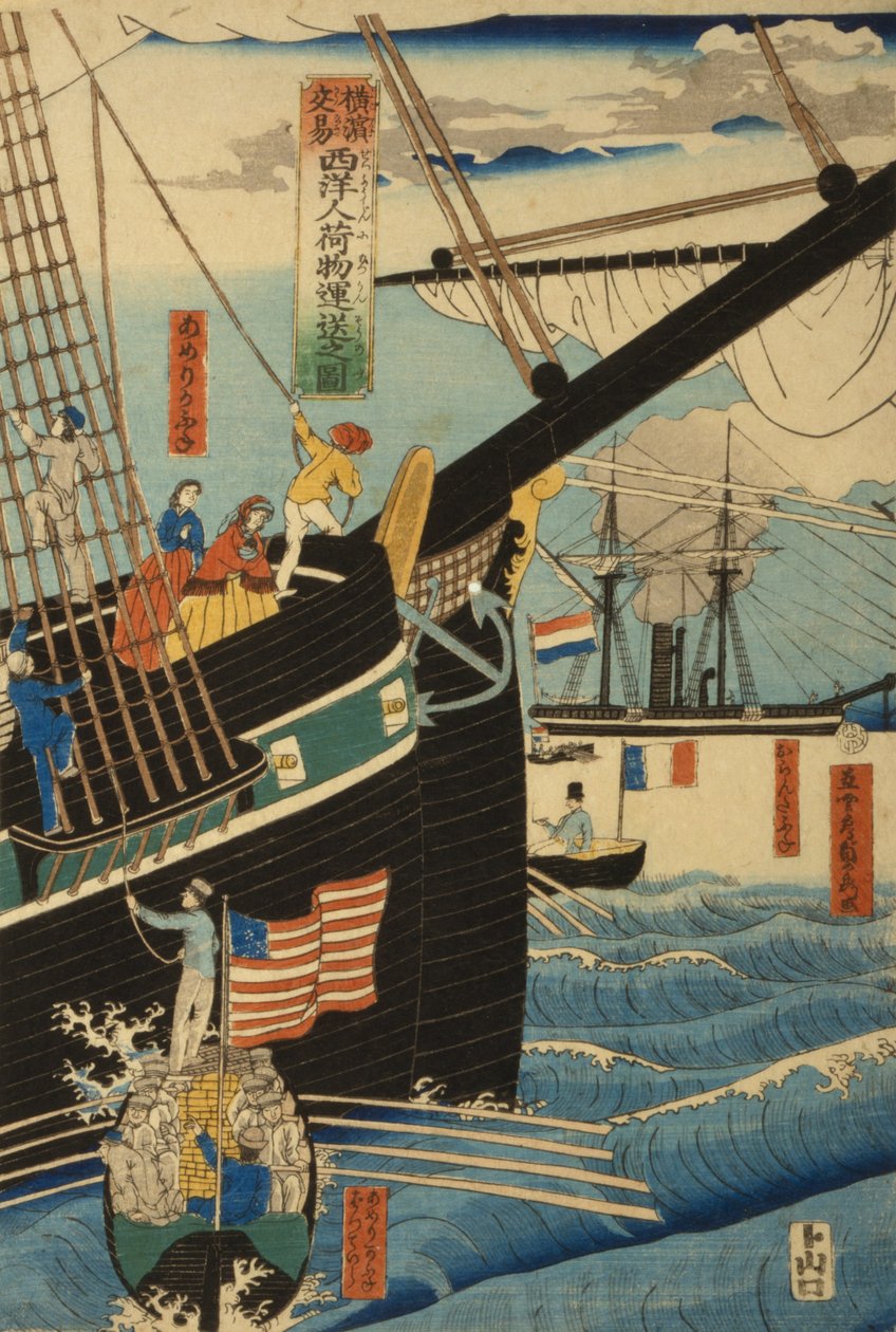 Rakományt és utasokat szállító nyugati kereskedők Jokohamában, 1861 alkotó: Utagawa Sadahide